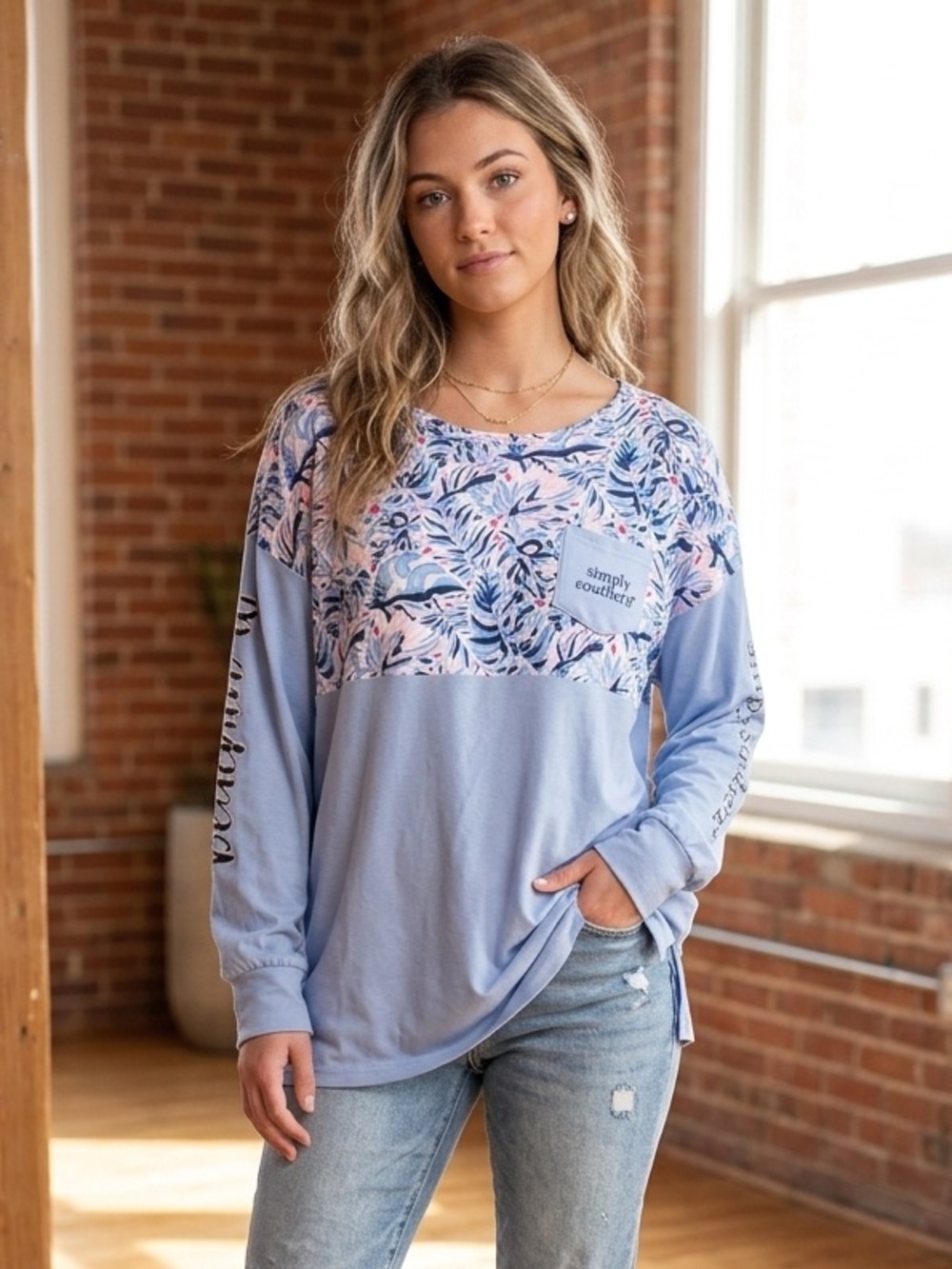 Simply Southern Light Blue Floral Panel Long Sleeve Top